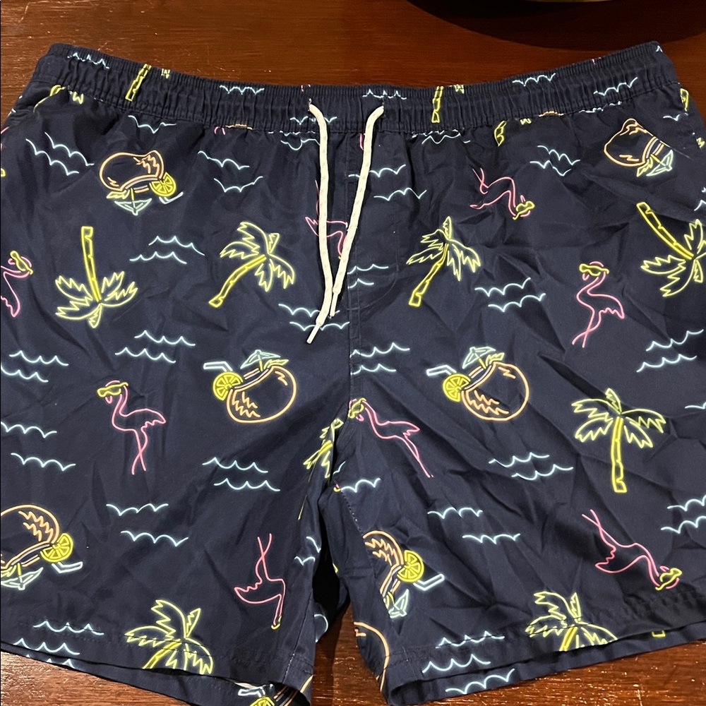 Goodfellow & Co Navy Swim Trunks with Neon Tropical Print